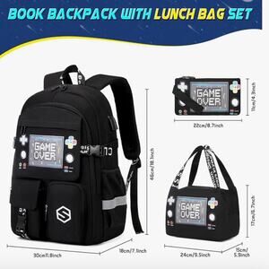 Black Game Over Gamer Kids Backpack and Lunch Bag Set